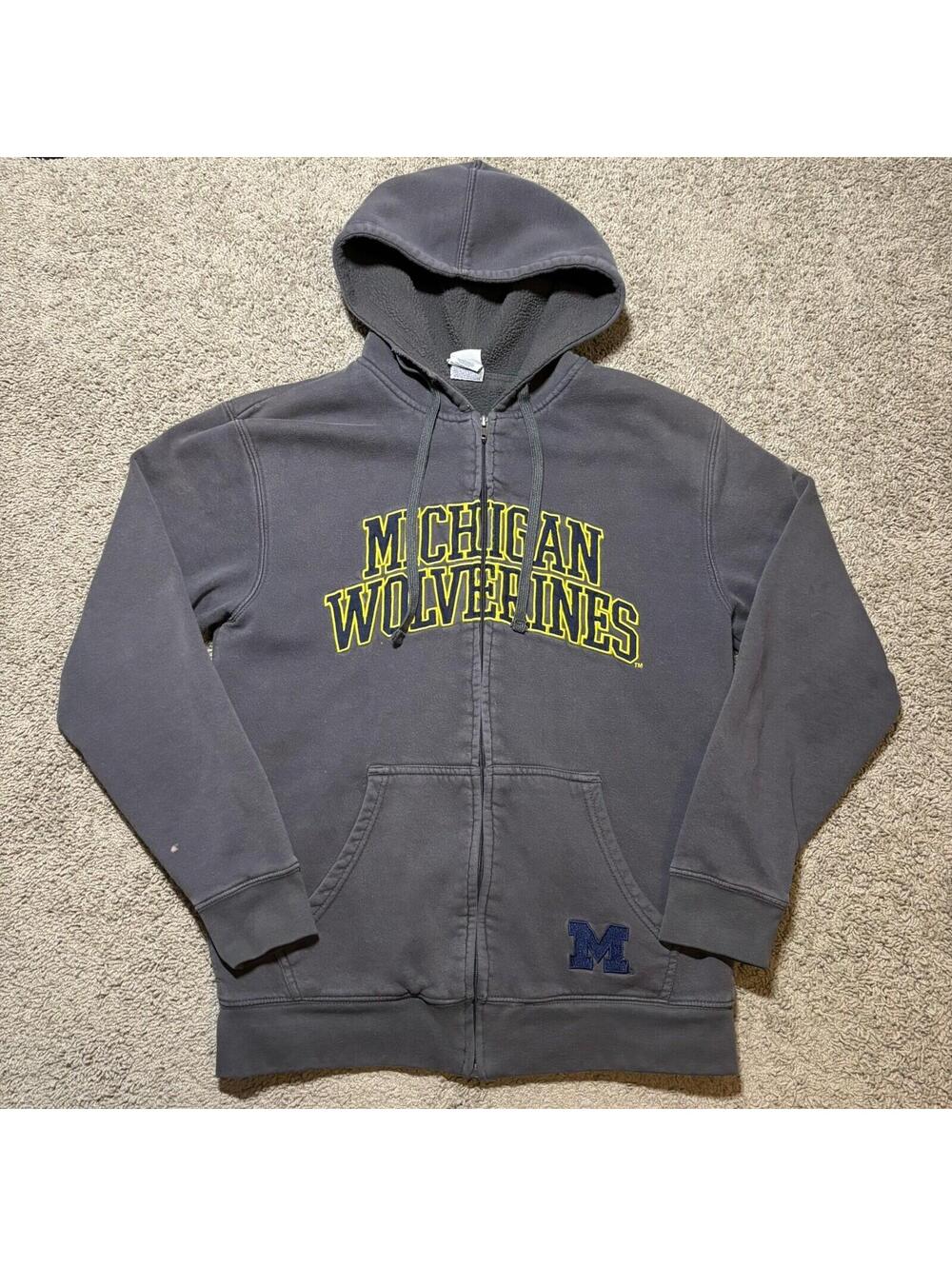Vintage Michigan Wolverines Hoodie Faux Fur Lined Full Zip Grey Men’s M Pro Edge